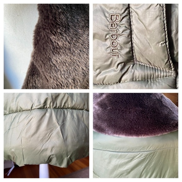 BARBOUR Green Mullein Faux Fur Collar Quilted Jacket Coat Size US 14 Sage Green - Picture 6 of 16